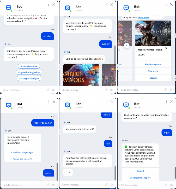 A sequence of screenshots showing a conversation with a bot. The user interacts with the bot by selecting or typing options related to purchasing a game. The steps include selecting a game genre, viewing game suggestions, adding a game to the cart, confirming the purchase, and providing a security answer to finalize the transaction.